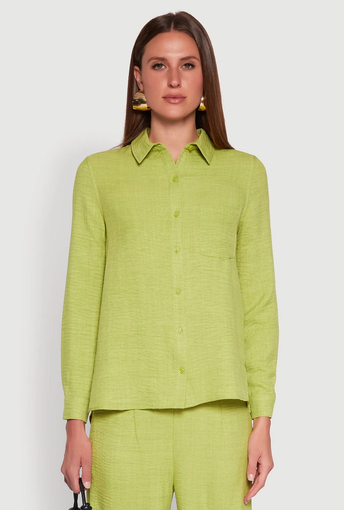 Womens Oversized Linen Button Front Shirt, Green, Size M
