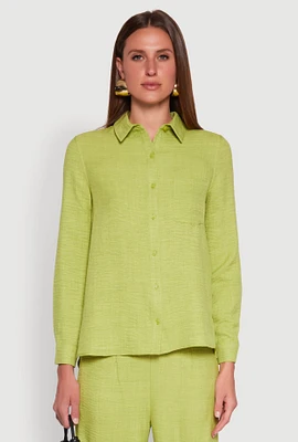 Womens Oversized Linen Button Front Shirt, Green, Size M
