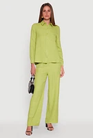 Womens Oversized Linen Button Front Shirt, Green, Size M