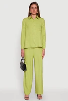 Womens Oversized Linen Button Front Shirt, Green, Size M