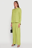 Womens Oversized Linen Button Front Shirt, Green, Size M