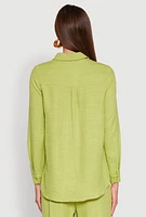 Womens Oversized Linen Button Front Shirt, Green, Size M