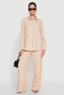 Womens Linen High Waisted Wide Leg Pants, Beige, Size L