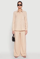 Womens Linen High Waisted Wide Leg Pants, Beige, Size L