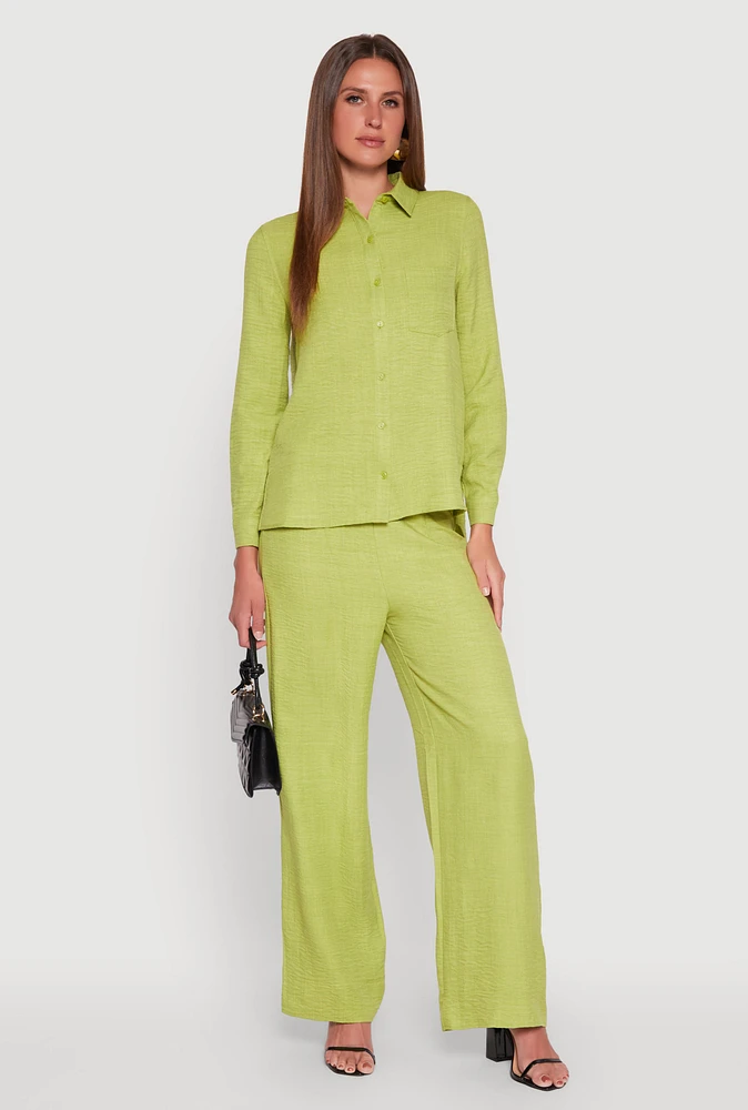 Womens Linen High Waisted Wide Leg Pants, Green, Size L
