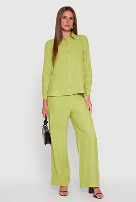 Womens Linen High Waisted Wide Leg Pants, Green, Size L