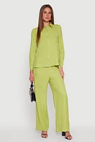 Womens Linen High Waisted Wide Leg Pants, Green, Size L