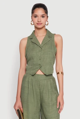 Womens Collared Button Front Cropped Blazer Vest, Green, Size S