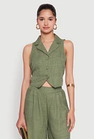 Womens Collared Button Front Cropped Blazer Vest, Green, Size S
