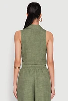 Womens Collared Button Front Cropped Blazer Vest, Green, Size S