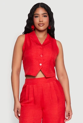 Womens Collared Button Front Cropped Blazer Vest, Red, Size S