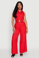 Womens Collared Button Front Cropped Blazer Vest, Red, Size S