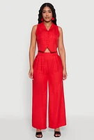 Womens Collared Button Front Cropped Blazer Vest, Red, Size S