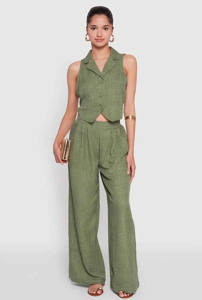 Womens High Waisted Pleated Palazzo Pants, Green, Size M
