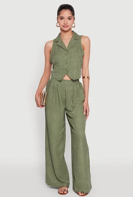 Womens High Waisted Pleated Palazzo Pants, Green, Size M