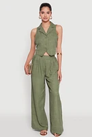 Womens High Waisted Pleated Palazzo Pants, Green, Size M