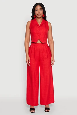 Womens High Waisted Pleated Palazzo Pants, Red, Size M