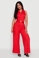Womens High Waisted Pleated Palazzo Pants, Red, Size M