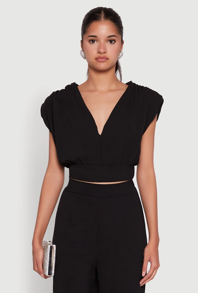 Womens Chic Crepe Knit Blouse with Padded Shoulders and Tie Back, Black, Size S