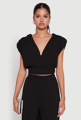 Womens Chic Crepe Knit Blouse with Padded Shoulders and Tie Back, Black, Size S