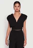 Womens Chic Crepe Knit Blouse with Padded Shoulders and Tie Back, Black, Size S