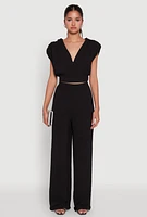 Womens Chic Crepe Knit Blouse with Padded Shoulders and Tie Back, Black, Size S