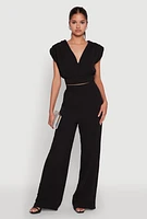 Womens Chic Crepe Knit Blouse with Padded Shoulders and Tie Back, Black, Size S