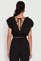 Womens Chic Crepe Knit Blouse with Padded Shoulders and Tie Back, Black, Size S
