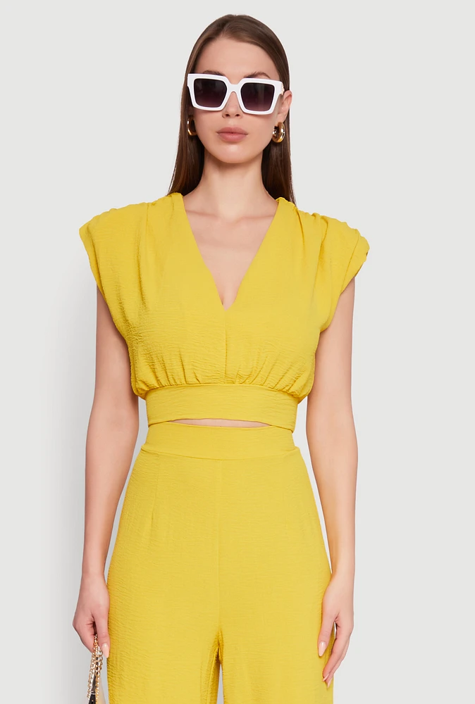 Womens Chic Crepe Knit Blouse with Padded Shoulders and Tie Back, Yellow, Size XL