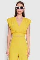 Womens Chic Crepe Knit Blouse with Padded Shoulders and Tie Back, Yellow, Size XL