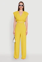 Womens Chic Crepe Knit Blouse with Padded Shoulders and Tie Back, Yellow, Size XL
