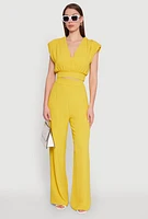 Womens Chic Crepe Knit Blouse with Padded Shoulders and Tie Back, Yellow, Size XL