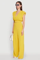 Womens Chic Crepe Knit Blouse with Padded Shoulders and Tie Back, Yellow, Size XL