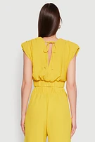 Womens Chic Crepe Knit Blouse with Padded Shoulders and Tie Back, Yellow, Size XL