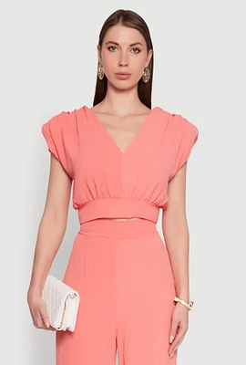 Womens Chic Crepe Knit Blouse with Padded Shoulders and Tie Back, Pink, Size M