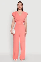 Womens Chic Crepe Knit Blouse with Padded Shoulders and Tie Back, Pink, Size M