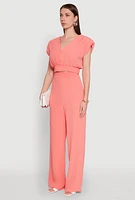 Womens Chic Crepe Knit Blouse with Padded Shoulders and Tie Back, Pink, Size M