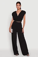 Womens Chic Crepe Knit High Waisted Wide Leg Dress Pants, Black, Size S
