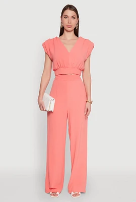 Womens Chic Crepe Knit High Waisted Wide Leg Dress Pants, Pink,