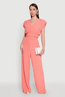 Womens Chic Crepe Knit High Waisted Wide Leg Dress Pants, Pink,