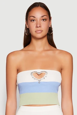 Womens Striped Rhinestone Heart Keyhole Tube Top, Multi, Size L