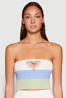 Womens Striped Rhinestone Heart Keyhole Tube Top, Multi, Size L