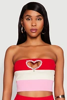 Womens Striped Rhinestone Heart Keyhole Tube Top, Multi,