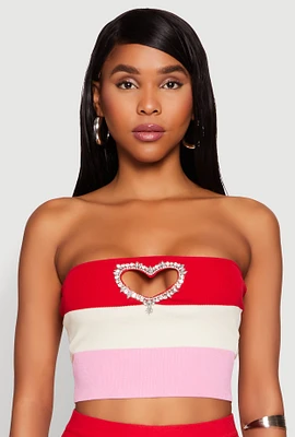 Womens Striped Rhinestone Heart Keyhole Tube Top, Multi,