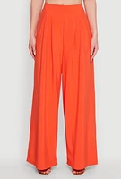Womens Trendy High Waisted Wide Leg Dress Pants with Pleats, Orange, Size L