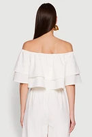 Womens Tiered Off Shoulder Crop Top with Short Sleeves,