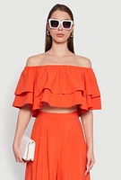 Womens Tiered Off Shoulder Crop Top with Short Sleeves,