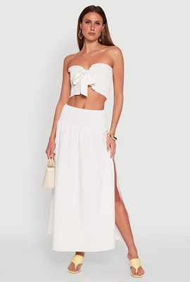 Womens Smocked High Waist Side Slit Skirt, White,
