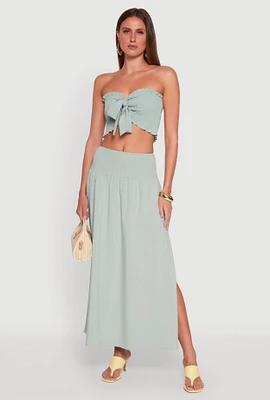 Womens Smocked High Waist Side Slit Skirt, Green,