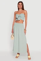 Womens Smocked High Waist Side Slit Skirt, Green,